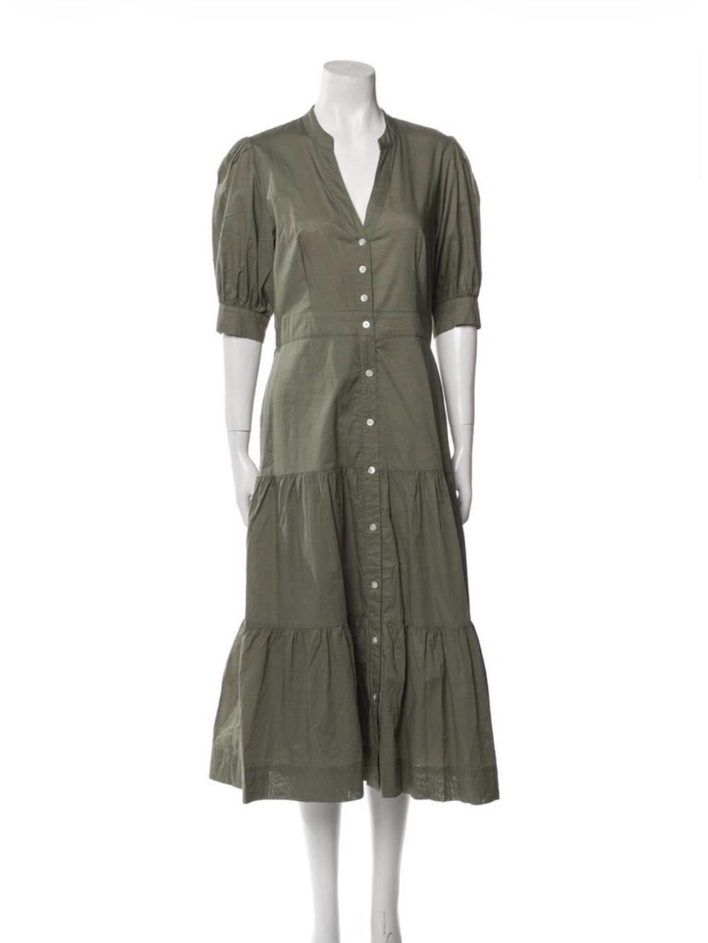 Veronica Beard Olive Bright Army Green Button-Front Tiered Midi Houghton Dress 8